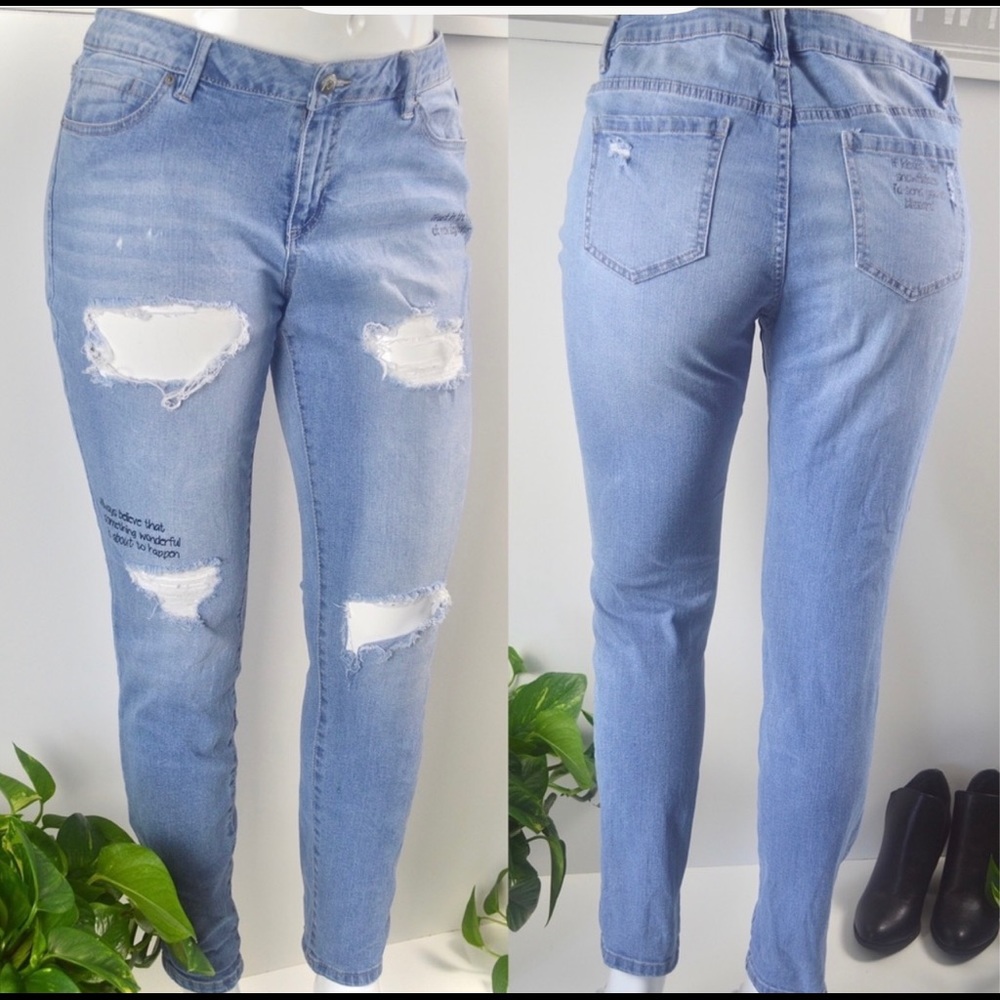 Distressed blue spice jeans